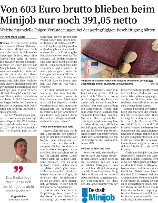 Sonntagszeitung: Steuerberater Jürgen Müller zu Minijob-Veränderungen