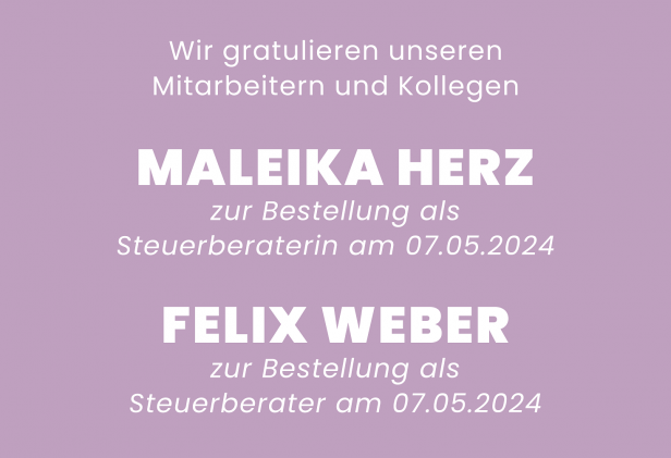 Gratulation an Maleika und Felix zum/r Steuerberater/in