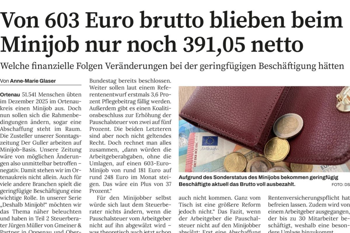 Sonntagszeitung: Steuerberater Jürgen Müller zu Minijob-Veränderungen